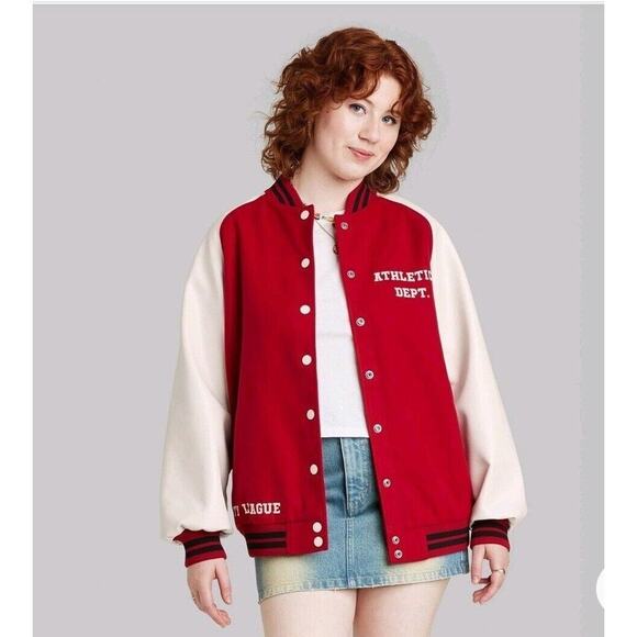 Wild Fable Women's Red Faux Leather Button Down Varsity Jacket Small - Picture 1 of 6